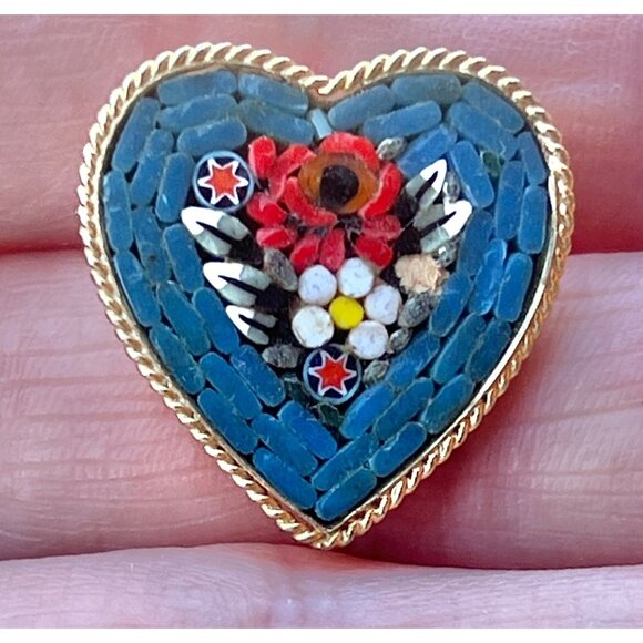 Heart-Shaped Italian Micro Mosaic Pin Brooch Gold-Tone Floral Design - Picture 2 of 8